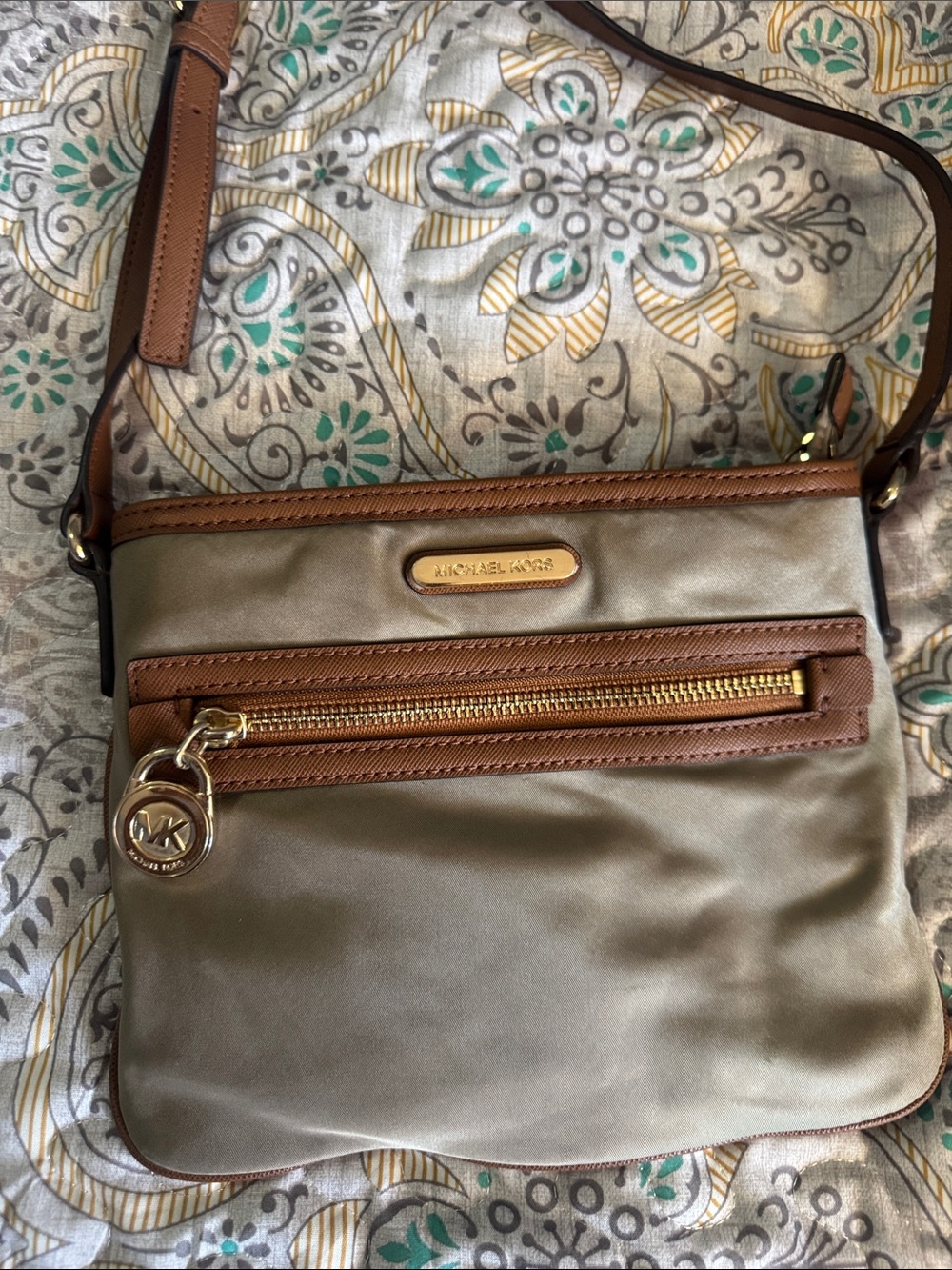 Michael Kors Olive Taupe Crossbody with Brown Trim and Gold Hardware